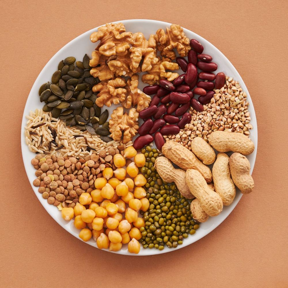 Prato com nozes, feijão, lentilha, grão-de-bico, arroz integral, sementes de abóbora e amendoim
